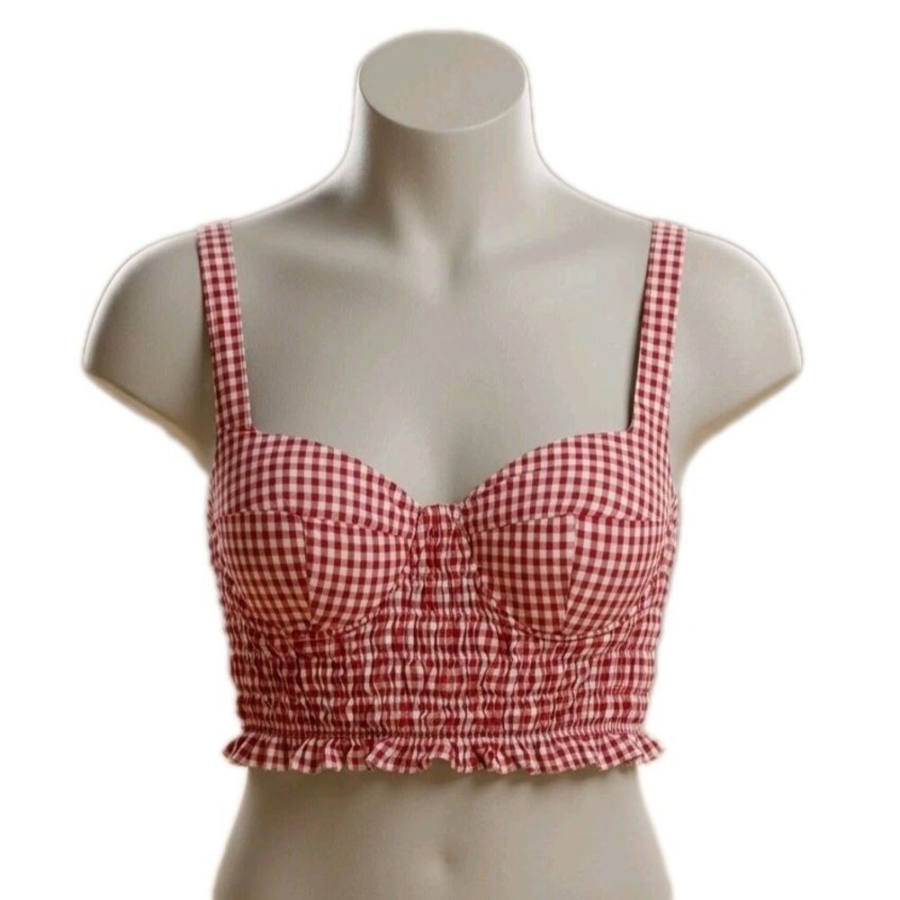 Red White Gingham Bustier Crop Top Size M Picnic 4th of July Coquette Milkmaid